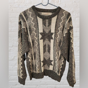 Vtg Jantzen Ski Lodge Winter Gray White Snowflake‎ Wool Pullover Sweater SZ M